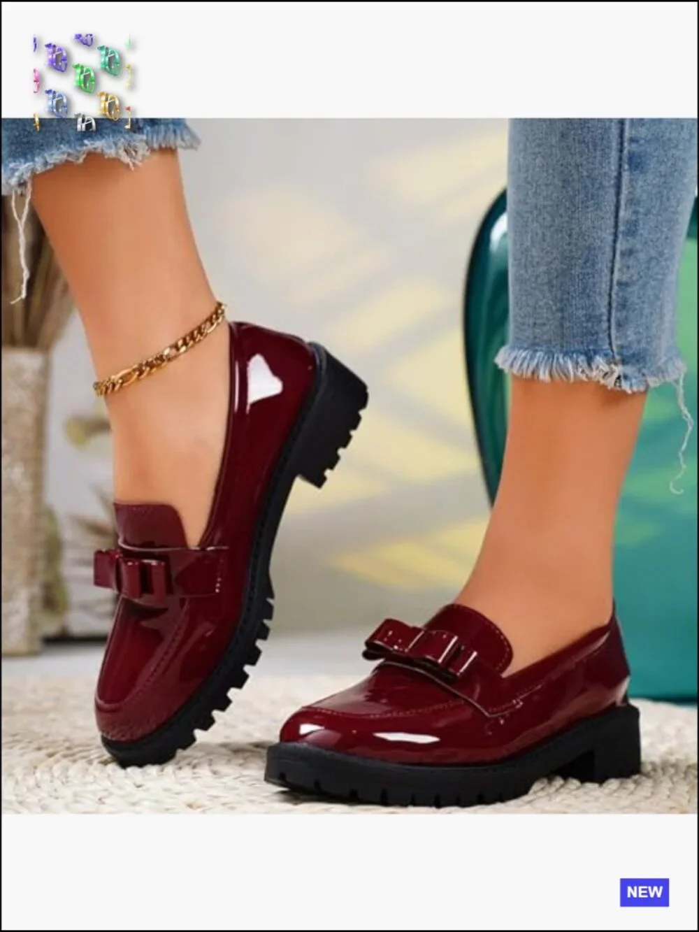 Patent Leather Chunky Heel Loafers Metal Buckle Lug Sole Platform Slip On Penny